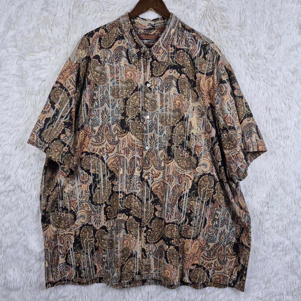 Vtg Tori Richard Mens 4XT Cotton Lawn Paisley Button Down Shirt Brown USA Made